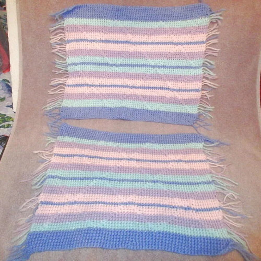 Vintage 70s Hand Knit Placemats Set Of 2 Textured Fringe Pastel Boho Table Decor